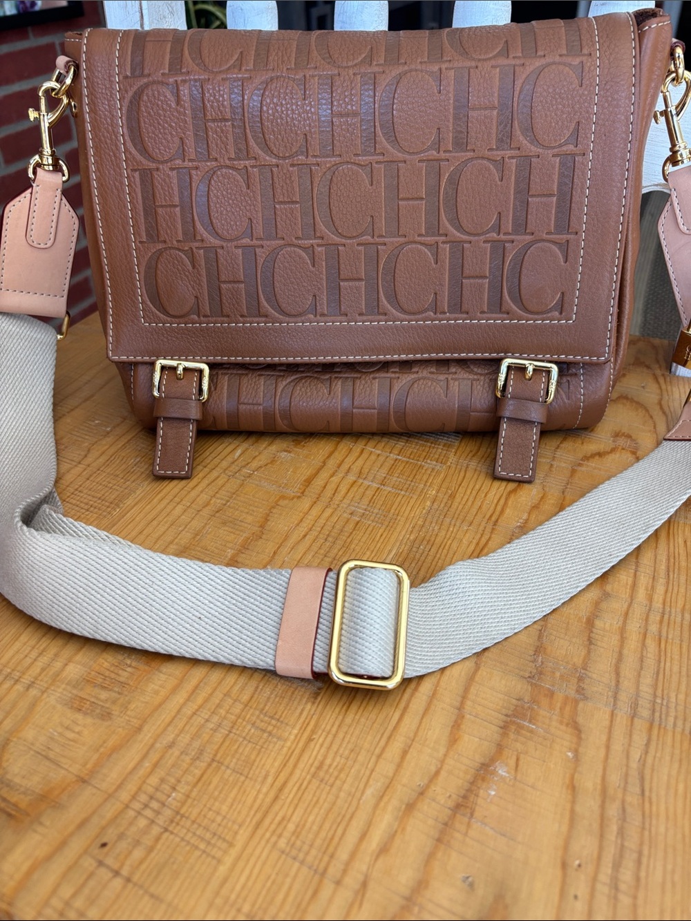 Carolina Herrera embossed Andy Nogal  leather crossbody Bag with Beige Strap
